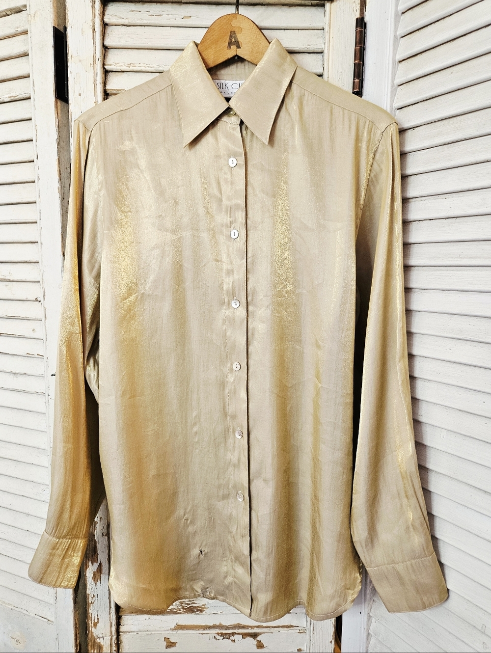 Vintage 90s Shimmery Gold Blouse Silk Club Collection Medium *Flaws*